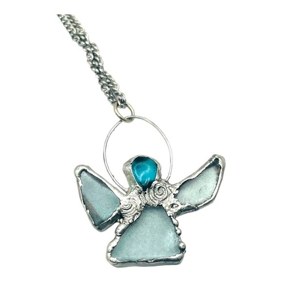 Sea Glass Angel Pendant Bezel Handcrafted with intricate Silver Blend Metalwork - Picture 1 of 16